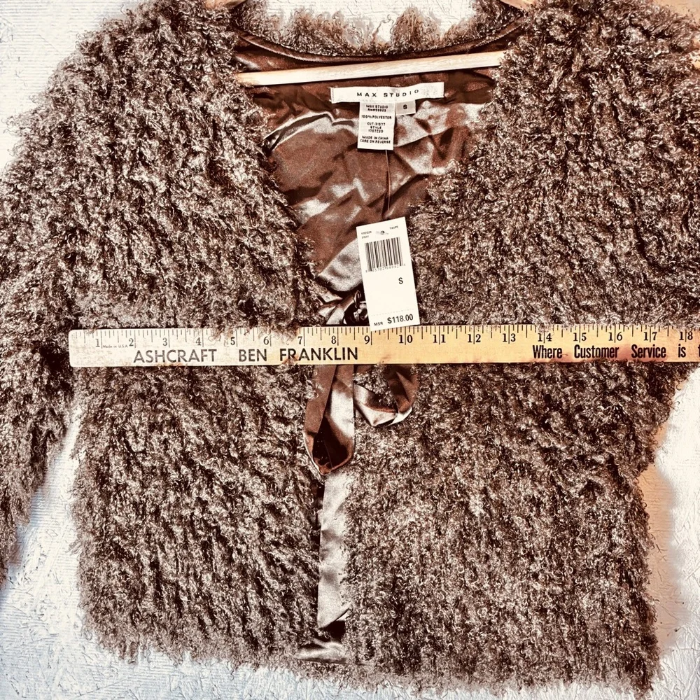 NWT Max Studio Womens Size S Faux Curly Lamb Fur Satin Tie Jacket Super Cute Tan - Picture 7 of 10